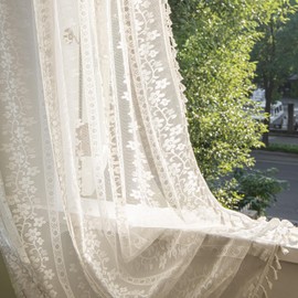 Sutuo Home Boho Curtains 2 Panels 63 Inches Length, Window Treatments Bohemian Embroider Sheer Crochet Lace Vintage Drapes Pair, Country White Florals Knitted Handmade Tassels Rod Pocket, 52" x 63"