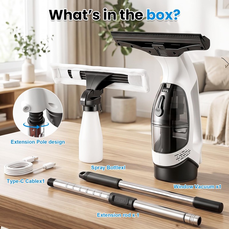 Window Vacuum Squeegee with Extendable Pole, Electric Window Cleaner Tool