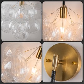 Blown Glass Bubble Wall Sconces, Clear Glass Balls Shade Wall Sconce, Wall Mounted Light Fixture for Living Room, Dining Room, Corridor, Bedroom (Gold Black)