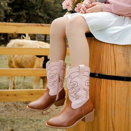 LAURMOSA Toddler Cowboy Boots - Pink & Brown Ankle to Mid Calf Western Riding Boots for Girls & Little Kids (L1016PinkBrown 6)