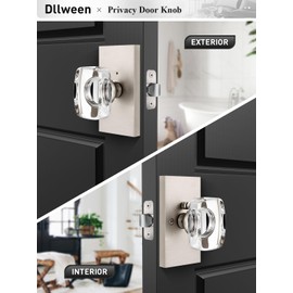 Dllween Glass Door Knob, Crystal Door Knob Interior with Lock, Privacy Brushed Nickel Modern Door Knob Rectangular for Bathroom Bedroom, Satin Nickel