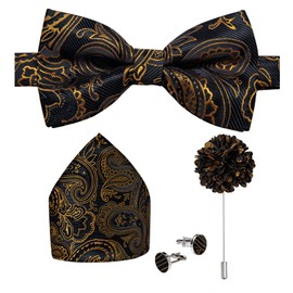 DiBanGu Silk Pre-tied Bow Ties for Men Adjustable Black Gold Paisley Bowtie and Lapel Pin Pocket Square Cufflinks Set Christmas