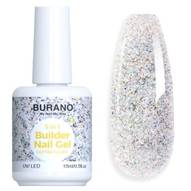 BURANO 5-in-1 Builder Gel Strengthening Gel, 15 ml Base Coat Building Gel In a Bottle Nail Extension Gel Nail Extension Gel for Nail Art Decoration Decals (Glitter Silver)