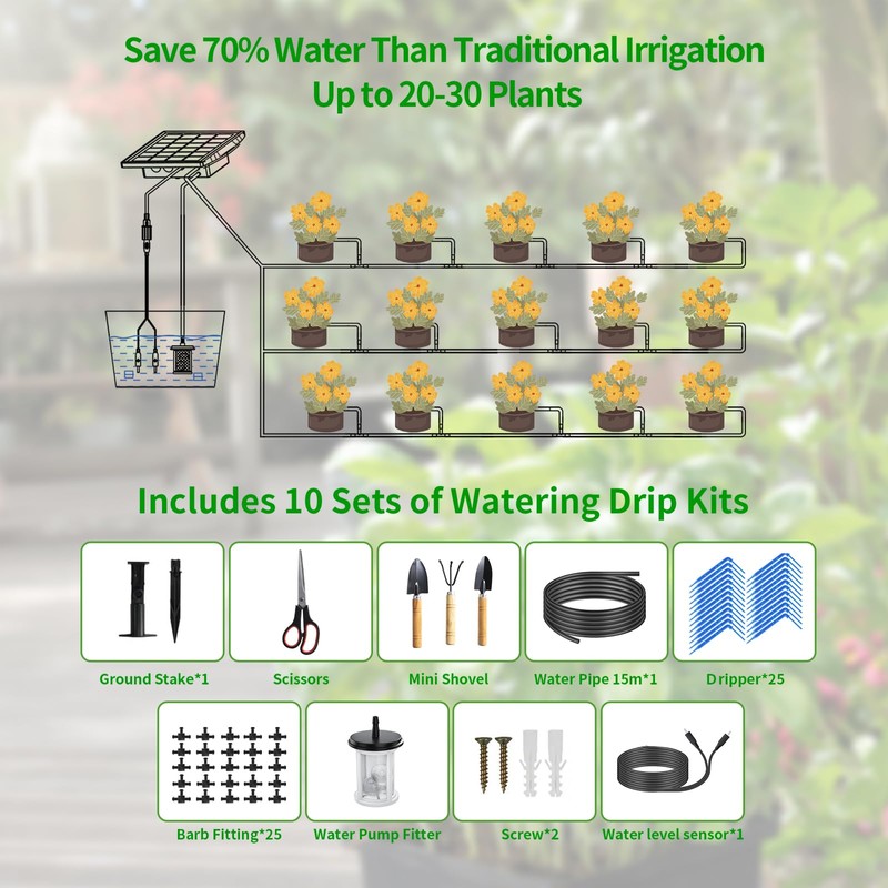 HEKIWAY 82FT Solar Drip Irrigation System, Auto Watering Kit for