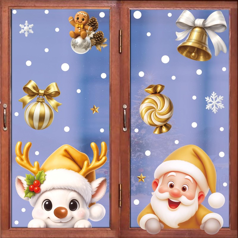 6Pcs Christmas Window Clings Gold Snowman Santa Claus Window Decorations