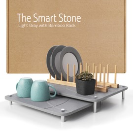 Nested Dish Drying Stone Mat with Bamboo Rack | 2 Pcs Diatomaceous Earth Stone Drying Mats for Kitchen Counter with Non-Slip Feet | Collapsible Large Drying Stone for Dishes (Light Gray)