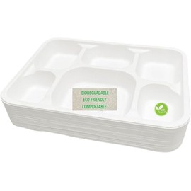Pack of 25, Large 6 Compartment Premium Quality Strong Plates 32X22X5cm, Super Rigid Bagasse Plates, Biodegradable Dinner Plates, Ecofriendly Disposable Lunch Plates for Everyday USE Birthday Party