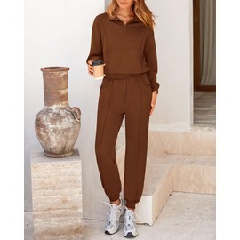 BTFBM Women 2024 Two Piece Tracksuits Sweatsuits Fall Winter Clothes Quarter Zip Sweatshirt Jogger Pants Y2K Lounge Sets(Brown, X-Large)
