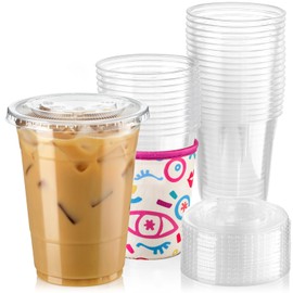 Fit Meal Prep 50 Pack 16 oz Plastic Cups with Lids and Sleeve, Disposable Clear Iced Coffee Cups for 16-18 oz Cups Cold Drinks Smoothie Juice Soda, Pink