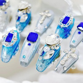 Press on Nails Fake Nails Handmade Luxury Acrylic Material Medium Coffin Reusable Goth Nail Kit with Nail Glue for Women and Girls 10pcs (Blue Gem-S, One Size)