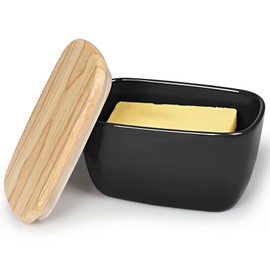 HAOTOP Porcelain Butter Dish Perfect for 4 Sticks of Butter,Butter Container Large Ceramics Butter Holder with Lid (Black)