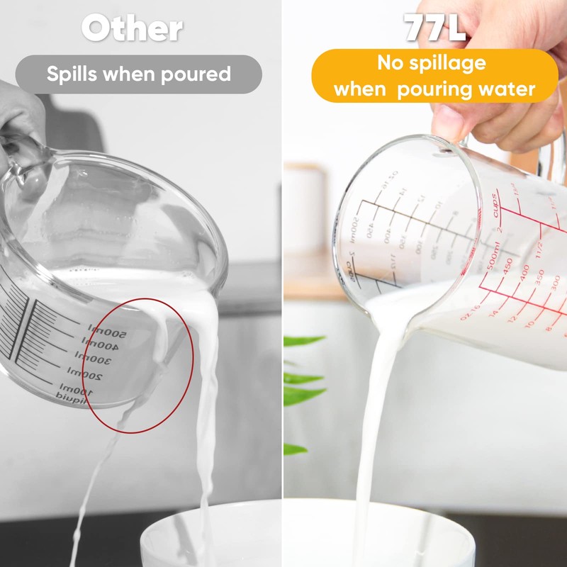 77L Glass Measuring Cup with Handle, [Double-Sided Measuring Scale, V-Shaped