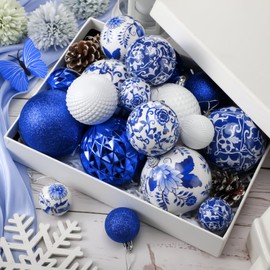 VioraWhite 18 Pcs Chinoiserie Christmas Ornaments Blue and White Chinoiserie Ball Christmas Porcelain Balls Hanging Ceramic Decor for Xmas Tree Party Basket Table Wreath Home, 1.57, 2.36, 3.15 Inch
