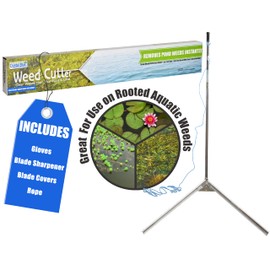 Crystal Blue Pond & Lake Weed Cutter - 42 inch Wide Cutting Path, Includes 20 Foot Rope, Blade Sharpener & Safety Gloves - Remove Common Pond Weeds, Chara, Lilly Pads, Small Leaf & More