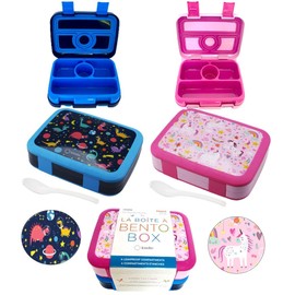 Loncheras bento para niños y niñas, contenedores de aperitivos para preescolares, 4 compartimentos divididos a prueba de fugas, utensilios, unicornio rosa + dinosaurio espacial azul, paquete de 2