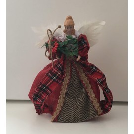 Premier CHRISTMAS ANGEL TREE TOPPER - Red Dress Tartan Shawl Woodland Angel Feather Wings,Black,20cm