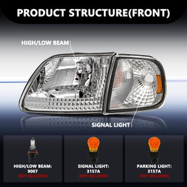 Aosky Headlight Assembly Compatible with Corner Lights 4pcs for 1997-2003 F150 / 2004 F150 Heritage / 1997-2002 Expedition / 1997-1999 F250 Headlamp, Chrome Housing with Amber Reflector