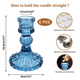 Showin Glass Candlestick Holders Set of 6, Blue Stripe Taper Candle Holders for Table Centerpiece, Home Decorations, Valentine Day, Wedding and Party