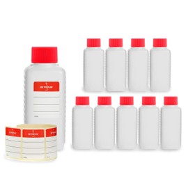Octopus 10 x 100 ml Plastic Bottles, HDPE Plastic Bottles with Red Screw Caps, Empty Bottles with Red Screw Caps, Square Bottles with 10 Labelling Labels
