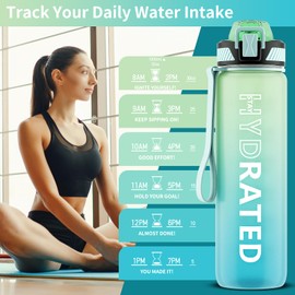 QLUR Water Bottle with Straw, 32oz Sports Motivational Water Bottle, 1L Tritan Water Bottle with Time Markings to Drink & Carry Strap, BPA Free, LeakProof for Women Men Gym Fitness Outdoor (1 Bottle)
