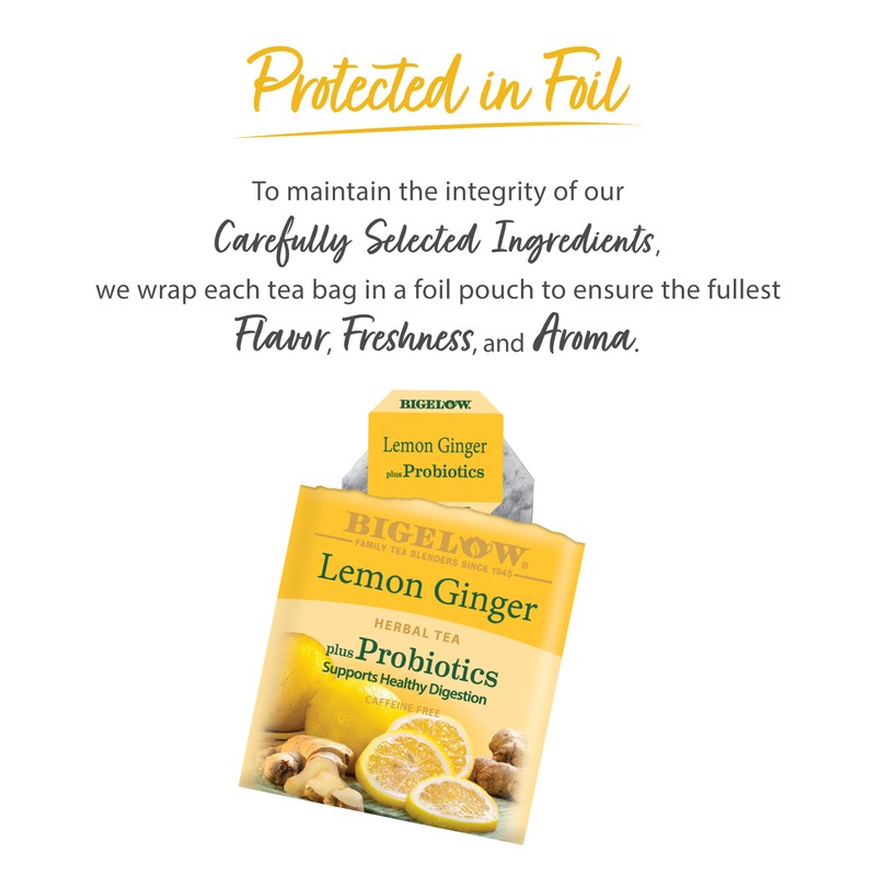 Bigelow Tea Lemon Ginger plus Probiotics Herbal Tea, Caffeine Free