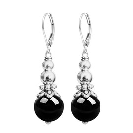 10mm Natural Black Agate Stone Bead Dangle Earrings,Retro Silver Real Quartz Crystal Gemstone Boho Bohemian Drop Earrings Beading Jewelry for Women (A07_Black Agate)