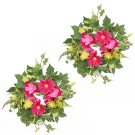 WELL KNOWN 2 Pcs Mini Spring Floral Candle Rings Wreaths for Pillars Home Table Window Decor, 9 Inches Artificial Flower Cabinet Wreath for Kitchen Farmhouse Wedding Party (Fuchsia Pink & Yellow)