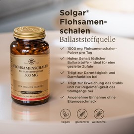 SOLGAR SOLGAR? Flohsamenschalen 500mg - Ballaststoffquelle - f?rdert eine gesunde Darmfunktion - Optimal fr eine gezielte Ballaststoffzufuhr - 100 Tage Vorrat