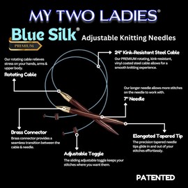My Two Ladies | Blue Silk | Adjustable Ergonomic Knitting Needles | 7" Wooden Knitting Needle | 24" Kink-Resistant Rotating Cable | Knit Quicker, Longer & Easier w/Reduced Hand Stress | US13 (9mm)