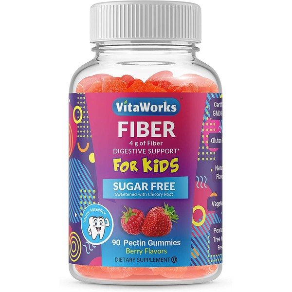 VitaWorks Sugar Free Prebiotic Fiber for Kids – 4g – Great Tasting Natural Flavored Gummy – Gluten Free, Vegetarian, GMO Free Chewable – 90 Gummies – 45 Doses