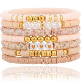 BelleVive Pack of 7 Friendship Bracelets, Trendy Heishi Clay Bead Bracelets, Stackable Stretch Bracelets with Gold Beads for Women, Boho Stacking Bracelets, Cute Preppy Jewellery, L, Plastic