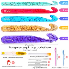 Qmnnma Large Crochet Hooks, 5 Large Crochet Set, 12mm-25mm Crochet Hooks, Huge Crochet Hooks, Colorful Transparent Crystal Large Crochet Hook for Crocheting Yarn, Chunky Yarn, DIY Crafts