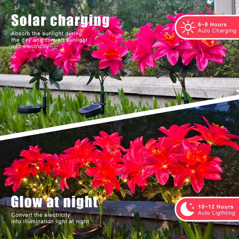 Neporal Solar Flowers Outdoor Waterproof Pink, 4PK 7-Stem Garden Solar