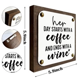 Coffee Wine Sign, Funny Wood Sign, Wooden Box Sign Decor Art, Farmhouse Decor for Shelf, Home Decor Accent, Coffee Bar Decor, Gift for Her, Her Day Starts With A Coffee and Ends With A Wine Sign