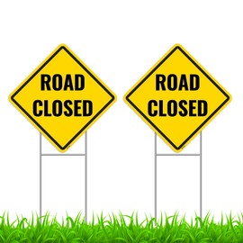 2PC Road Closed Sign with Stakes, 13 Inches by 13 Inches - Corrugated Plastic - Utility Road Work Ahead Sign with Stand