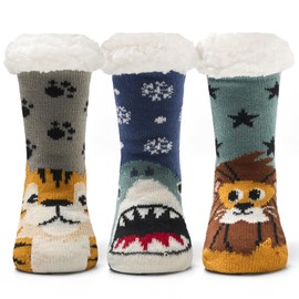Boys Winter Fuzzy Warm Socks for Girls Home Floor Soft Lined Fluffy Socks with Grips 3 Pack Animals 4-7 Years
