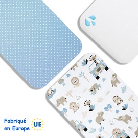 Lovely Hippo 2 x Fitted Sheets 100% Cotton + 1 x Mattress Protector 100% Waterproof Material - Set 3X - Compatible Chicco, Kinderkraft (Safari Blue, 50 x 83 cm)