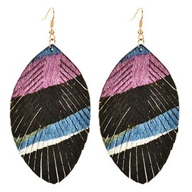 Feather Leather Fringe Earrings for Women- Boho Genuine Leather Leaf Tassel Statement Earrings Bohemian Leopard Suede Leather Hypoallergenic Lightweight Dangle Earrings Nickle Free