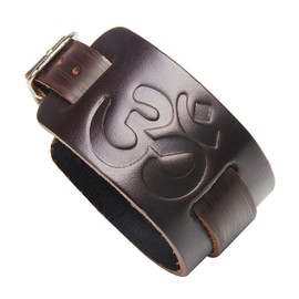Thajaling Tibetan Buddhist Black Leather Six True Word Mantra Punk Style Wide Bangle Cuff Bracelet Strap Wristband for Men and Women