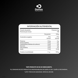 Suplementos Domos - Creatina Monohidratada Micronizada 500 gramos en polvo - Alta Pureza - Sin Sabor - 100 servicios