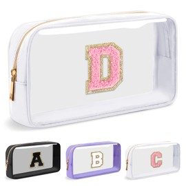 UIXIZQ - Bolsa de maquillaje transparente con letra inicial personalizada, pequeña bolsa de nailon y PVC con cierre para cosméticos con letra de chenilla, bolsa de viaje para el cuidado de la piel,