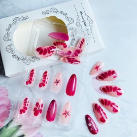 Almond Press on Nails Medium Fake Nails 3D Flower Charms Gems False Nails Glossy Pink Stick on Nails Full Cover Glue on Nails Spring Acrylic Nails with Designs for Women Girl Nail Art Decor 24pcs