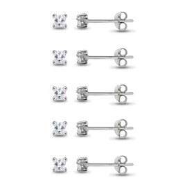 Sterling Silver Princess-Cut Square Tiny 2mm Stud Cubic Zirconia Earrings Set for WoMen Men, Set of 5 Pairs
