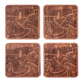 New Orleans Map, Sapele Wood Coasters, Set of 4, City Map, Multiple City Optional, Handmade