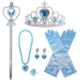 6Pcs Princess Dress Up Set for Girls, Crown Gloves Wand Necklace Earrings Ring, Gold Glitter Accessories, Party Accessories for Cosplay Queen Girls Christmas Easter Birthday Gift (Blue)