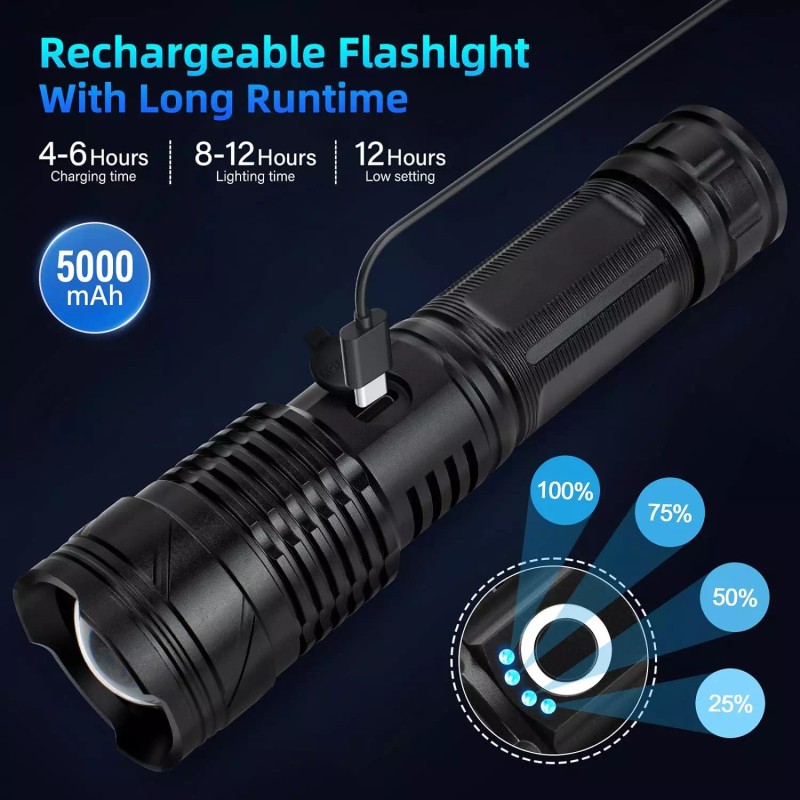 BERCOL Rechargeable Flashlight 900,000 Lumens Super Bright LED,5 Modes, IPX6