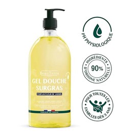 BeauTerra Gel de Ducha Ultra Hidratante Flor de Jazmín. Gel Limpiador corporal orgánico hidratante, 0% jabón, pieles secas o sensibles. Cuerpo y cabello - 1 L
