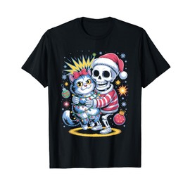 Skeleton Santa Hat Hugging Cat Funny Christmas Men Women Kid T-Shirt
