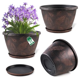 Svxtoby 11 inch Plant Pot, 3 Pack Large Pots for Plants, Flower Pots with Drainage Hole & Saucer, Modern Planters for Indoor Outdoor Plants, Decorative Plastic Garden Pots (Copper)