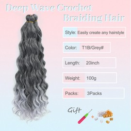MLETULIPS Curly Crochet Braiding Hair Extensions, Deep Wave Braiding Hair, Ocean Wave Crochet Hair, Soft Synthetic, Bohemian Curly Water Wave Crochet Braids for Women (T1B/Grey#, 20 inch/3 Pack)
